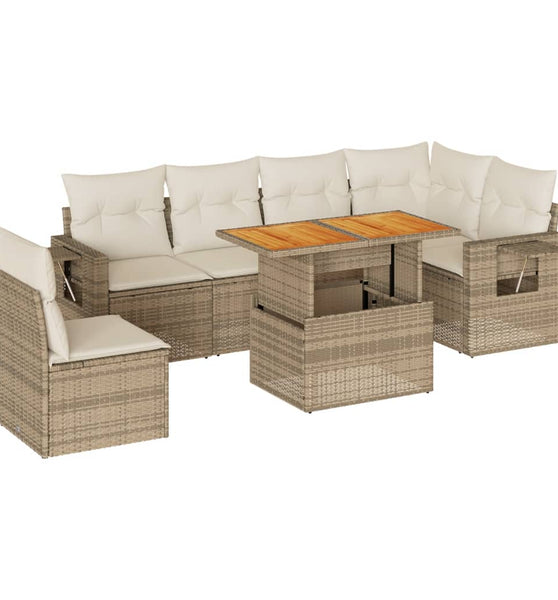 7-tlg. Garten-Sofagarnitur mit Kissen Beige Poly Rattan
