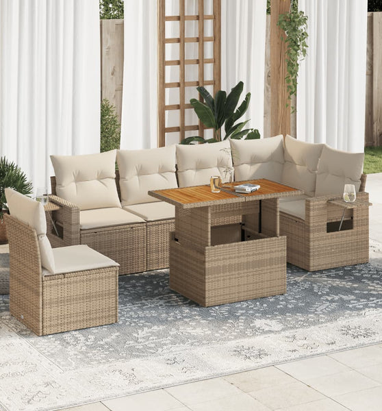 7-tlg. Garten-Sofagarnitur mit Kissen Beige Poly Rattan