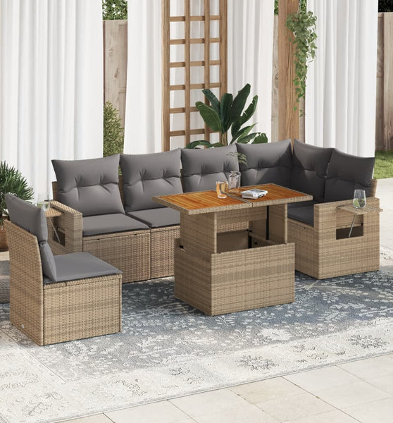 7-tlg. Garten-Sofagarnitur mit Kissen Beige Poly Rattan