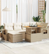 7-tlg. Garten-Sofagarnitur mit Kissen Beige Poly Rattan