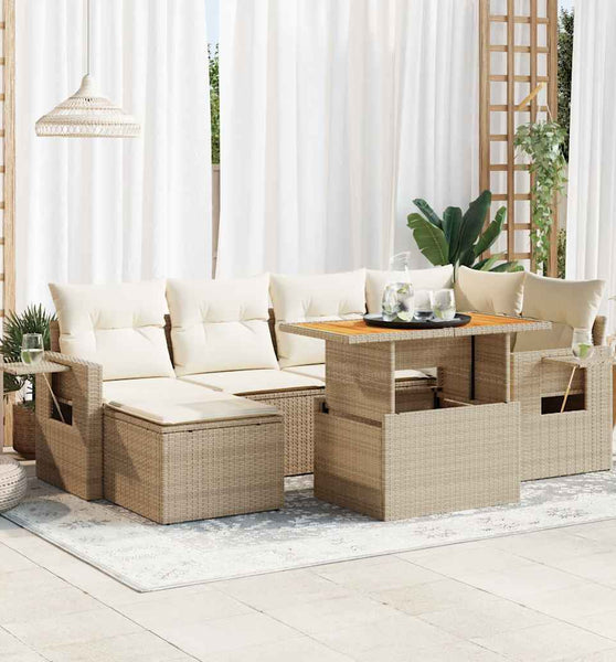 7-tlg. Garten-Sofagarnitur mit Kissen Beige Poly Rattan