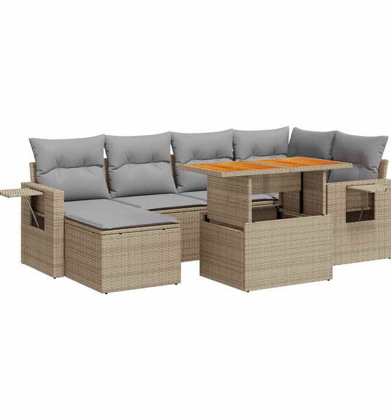7-tlg. Garten-Sofagarnitur mit Kissen Beige Poly Rattan