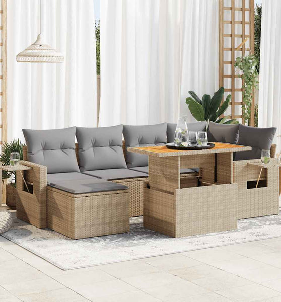 7-tlg. Garten-Sofagarnitur mit Kissen Beige Poly Rattan
