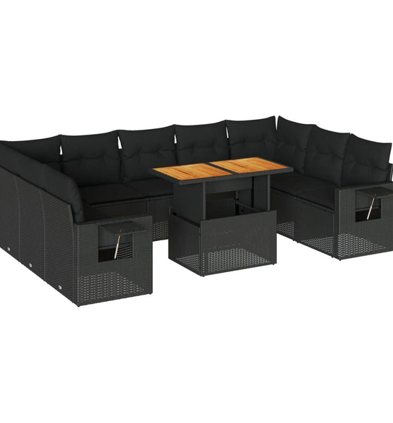 10-tlg. Garten-Sofagarnitur mit Kissen Schwarz Poly Rattan
