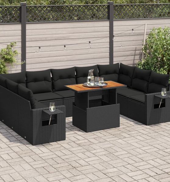 10-tlg. Garten-Sofagarnitur mit Kissen Schwarz Poly Rattan