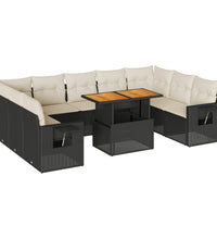 10-tlg. Garten-Sofagarnitur mit Kissen Schwarz Poly Rattan