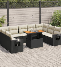 10-tlg. Garten-Sofagarnitur mit Kissen Schwarz Poly Rattan