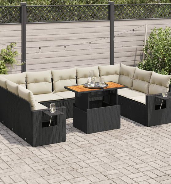 10-tlg. Garten-Sofagarnitur mit Kissen Schwarz Poly Rattan