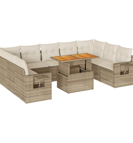 10-tlg. Garten-Sofagarnitur mit Kissen Beige Poly Rattan