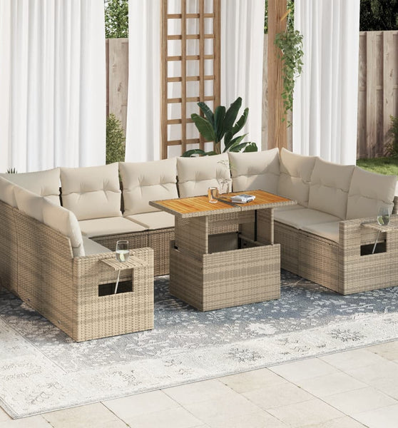 10-tlg. Garten-Sofagarnitur mit Kissen Beige Poly Rattan