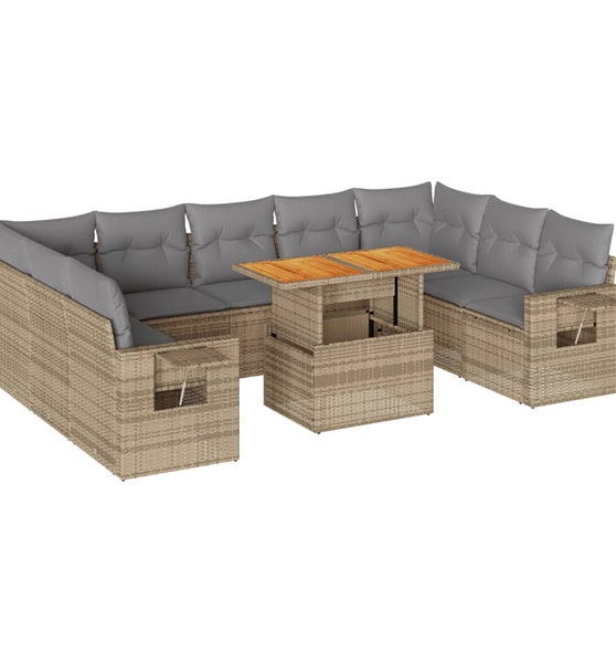 10-tlg. Garten-Sofagarnitur mit Kissen Beige Poly Rattan