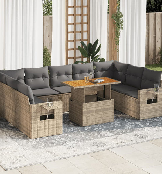 10-tlg. Garten-Sofagarnitur mit Kissen Beige Poly Rattan