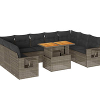 10-tlg. Garten-Sofagarnitur mit Kissen Grau Poly Rattan