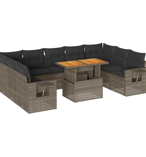 10-tlg. Garten-Sofagarnitur mit Kissen Grau Poly Rattan