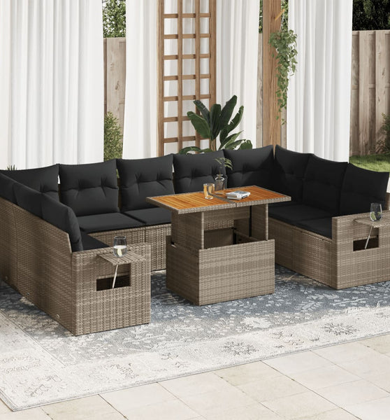 10-tlg. Garten-Sofagarnitur mit Kissen Grau Poly Rattan