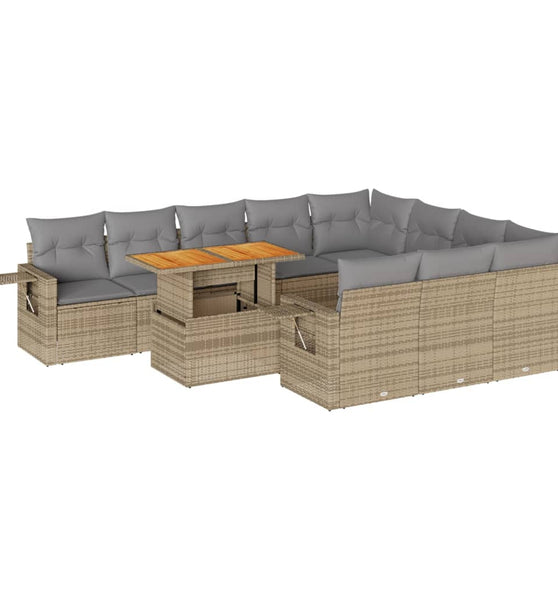 11-tlg. Garten-Sofagarnitur mit Kissen Beige Poly Rattan