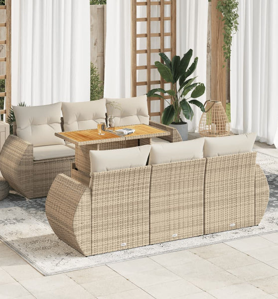 7-tlg. Garten-Sofagarnitur mit Kissen Beige Poly Rattan
