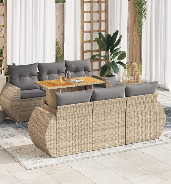 7-tlg. Garten-Sofagarnitur mit Kissen Beige Poly Rattan