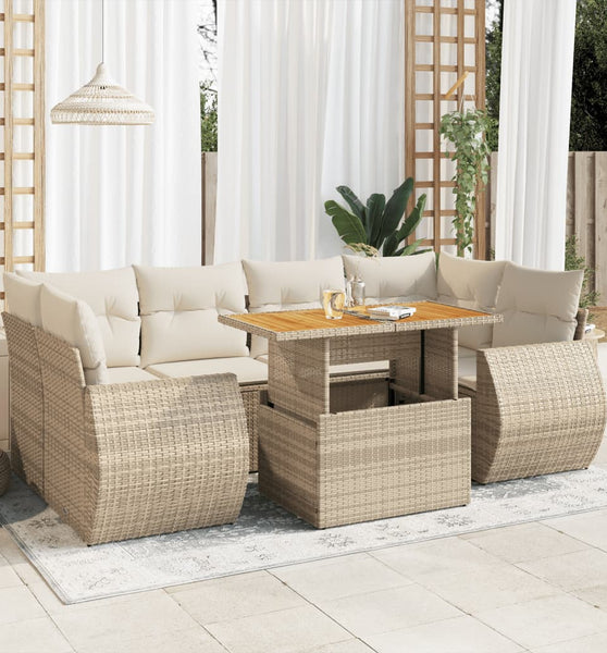 7-tlg. Garten-Sofagarnitur mit Kissen Beige Poly Rattan