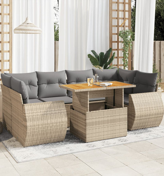 7-tlg. Garten-Sofagarnitur mit Kissen Beige Poly Rattan