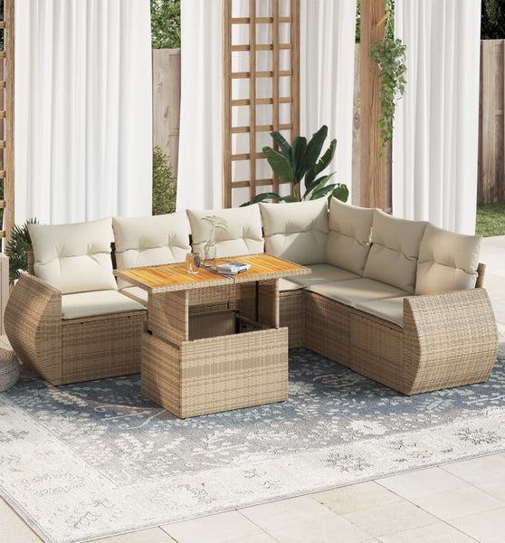 7-tlg. Garten-Sofagarnitur mit Kissen Beige Poly Rattan