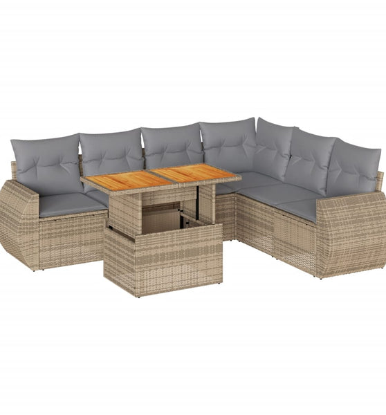 7-tlg. Garten-Sofagarnitur mit Kissen Beige Poly Rattan