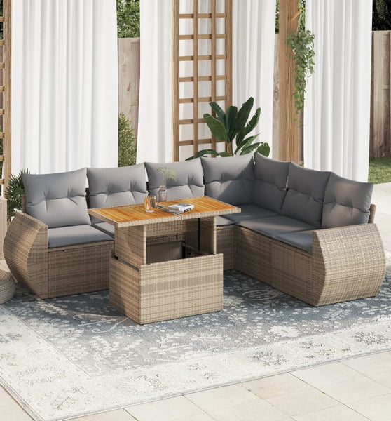 7-tlg. Garten-Sofagarnitur mit Kissen Beige Poly Rattan