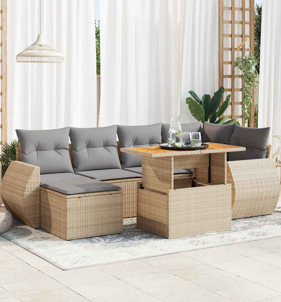 7-tlg. Garten-Sofagarnitur mit Kissen Beige Poly Rattan
