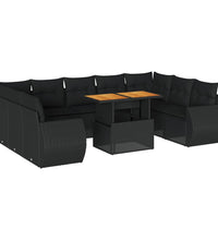 10-tlg. Garten-Sofagarnitur mit Kissen Schwarz Poly Rattan