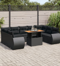 10-tlg. Garten-Sofagarnitur mit Kissen Schwarz Poly Rattan
