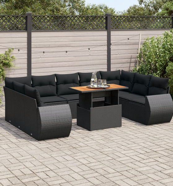 10-tlg. Garten-Sofagarnitur mit Kissen Schwarz Poly Rattan