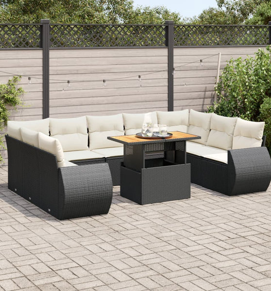 10-tlg. Garten-Sofagarnitur mit Kissen Schwarz Poly Rattan