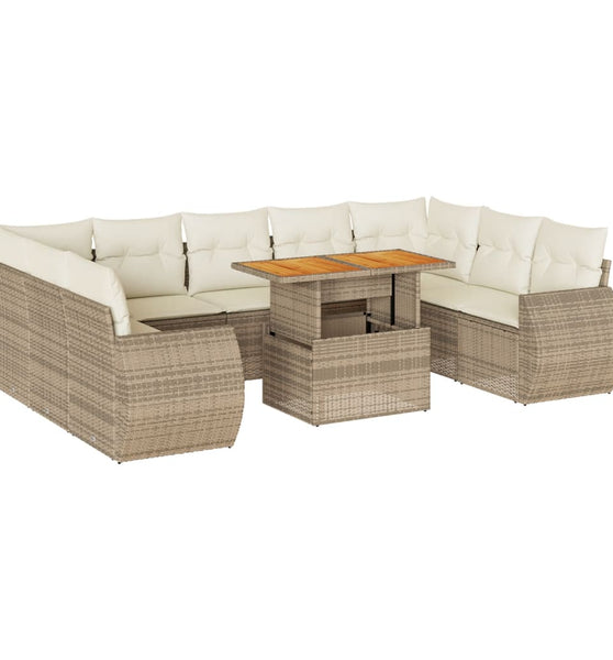 10-tlg. Garten-Sofagarnitur mit Kissen Beige Poly Rattan