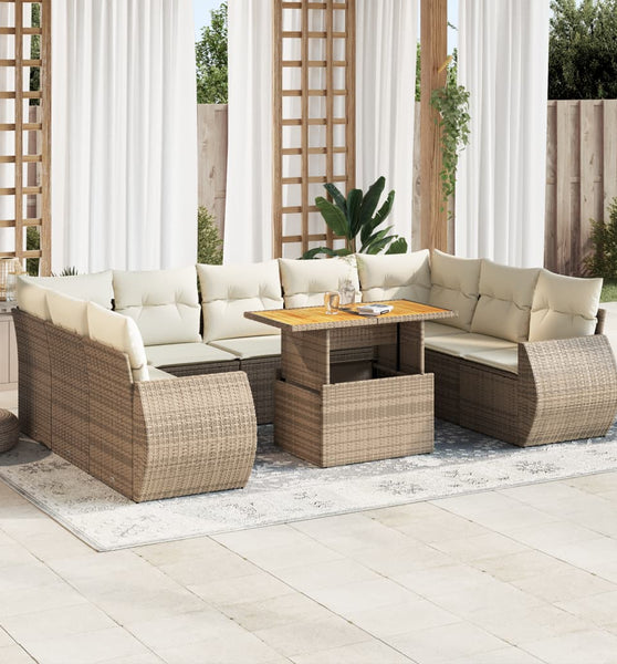 10-tlg. Garten-Sofagarnitur mit Kissen Beige Poly Rattan