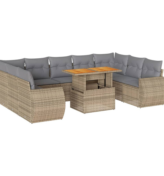10-tlg. Garten-Sofagarnitur mit Kissen Beige Poly Rattan