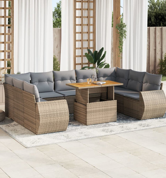 10-tlg. Garten-Sofagarnitur mit Kissen Beige Poly Rattan