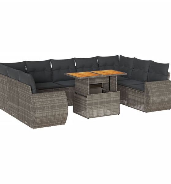 10-tlg. Garten-Sofagarnitur mit Kissen Grau Poly Rattan