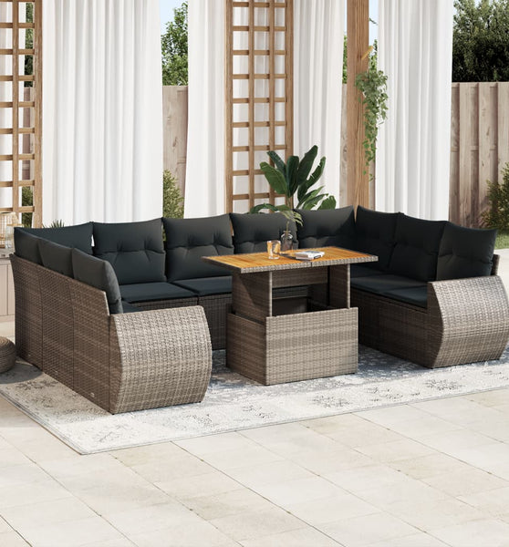 10-tlg. Garten-Sofagarnitur mit Kissen Grau Poly Rattan