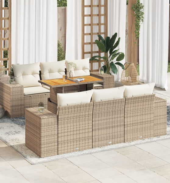 7-tlg. Garten-Sofagarnitur mit Kissen Beige Poly Rattan
