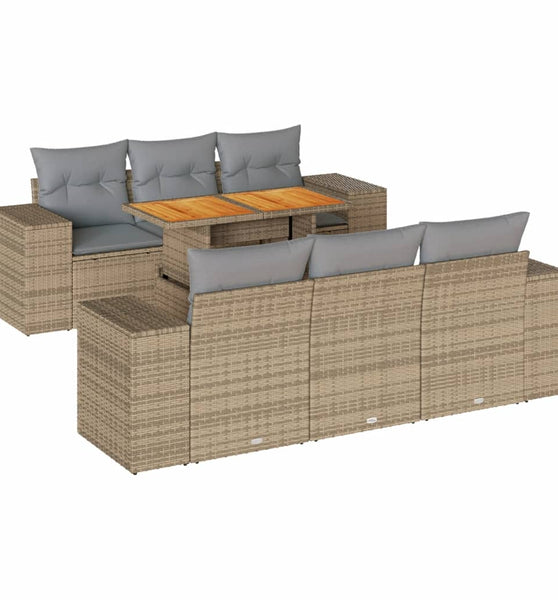 7-tlg. Garten-Sofagarnitur mit Kissen Beige Poly Rattan