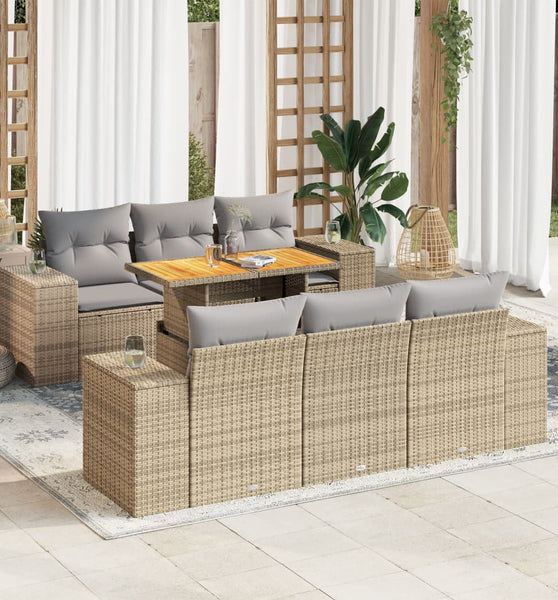7-tlg. Garten-Sofagarnitur mit Kissen Beige Poly Rattan