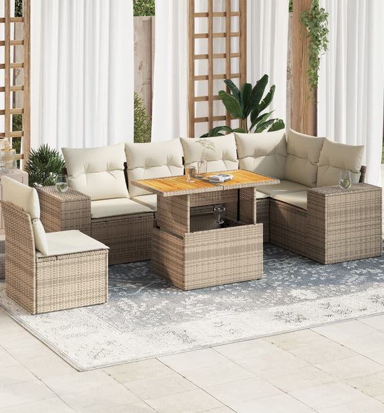 7-tlg. Garten-Sofagarnitur mit Kissen Beige Poly Rattan