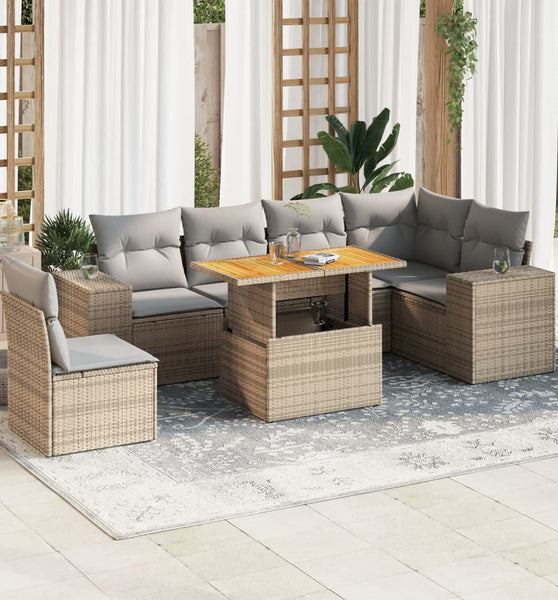 7-tlg. Garten-Sofagarnitur mit Kissen Beige Poly Rattan