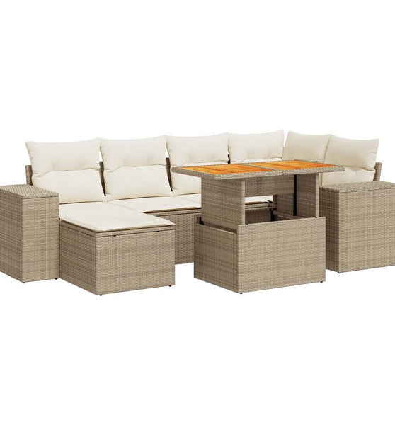 7-tlg. Garten-Sofagarnitur mit Kissen Beige Poly Rattan