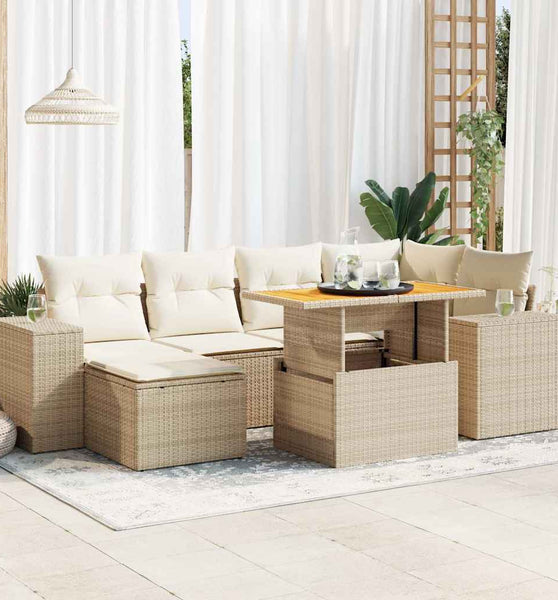 7-tlg. Garten-Sofagarnitur mit Kissen Beige Poly Rattan