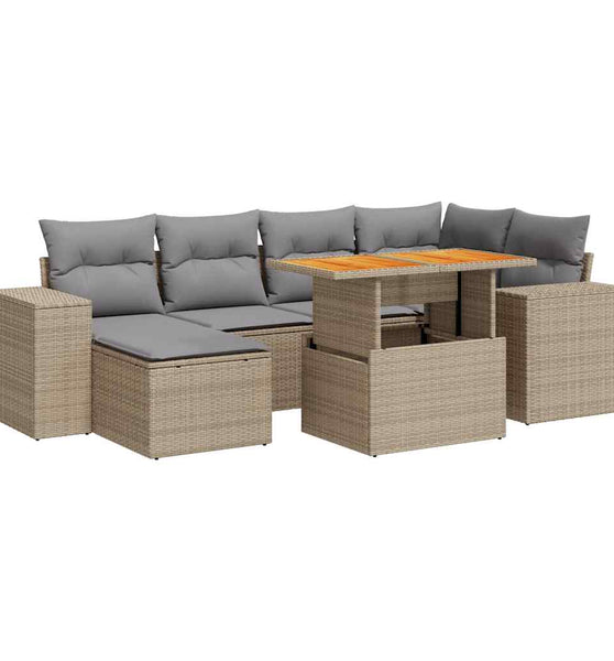7-tlg. Garten-Sofagarnitur mit Kissen Beige Poly Rattan