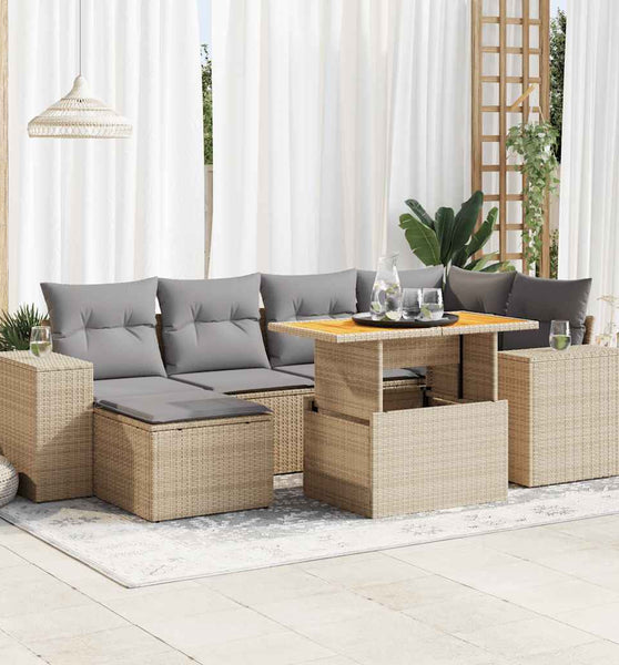 7-tlg. Garten-Sofagarnitur mit Kissen Beige Poly Rattan