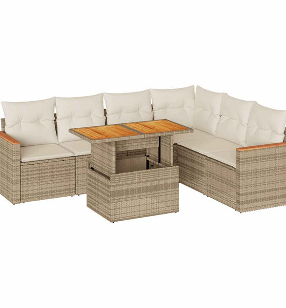 7-tlg. Garten-Sofagarnitur mit Kissen Beige Poly Rattan Akazie
