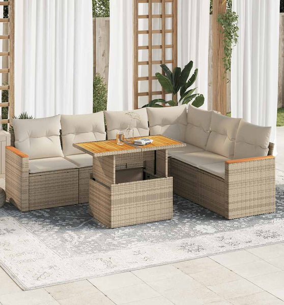 7-tlg. Garten-Sofagarnitur mit Kissen Beige Poly Rattan Akazie