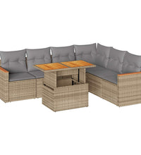 7-tlg. Garten-Sofagarnitur mit Kissen Beige Poly Rattan Akazie